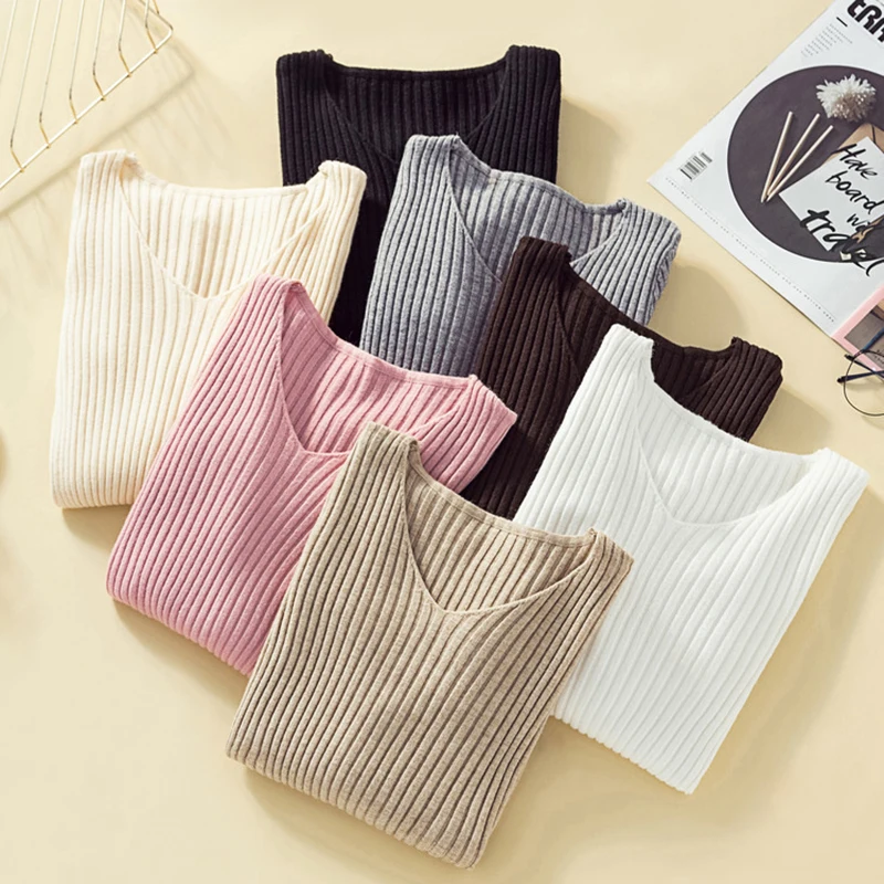 Knitted Sweater Women Pullovers Long Sleeve Tops V Neck Rib Women Sweaters Chic Solid Slim Pull Femme Streetwear
Knitted Sweater Women Pullovers Long Sleeve Tops V Neck Rib Women Sweaters Chic Solid Slim Pull Femme Streetwear