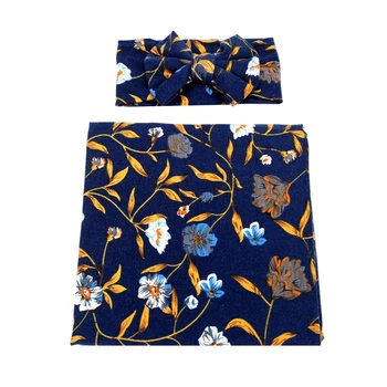 Newborn Receiving Blanket Headband Set Flower Print Baby Swaddle Receiving Blankets