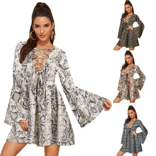 Women Summer Sexy Leopard Snake Print Striped Long Sleeve V-Neck Dress Ladies Casual Empire Mini Dresses Lace Up Bandage new
Women Summer Sexy Leopard Snake Print Striped Long Sleeve V-Neck Dress Ladies Casual Empire Mini Dresses Lace Up Bandage new