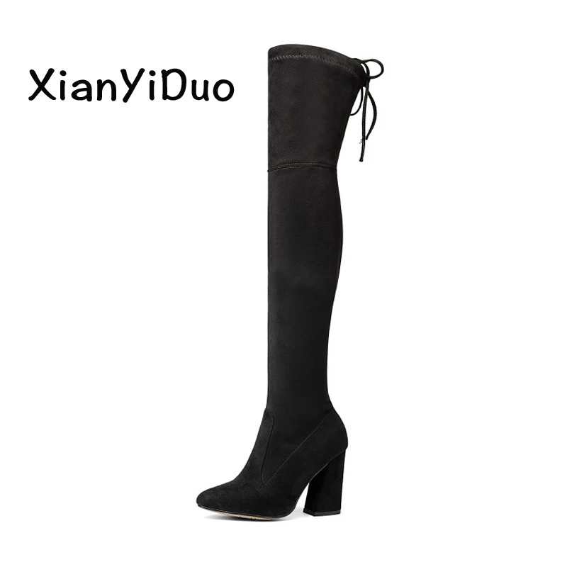 XianYiDuo/Осенняя женская обувь до колена с острым носком Стрейчевые Сапоги на