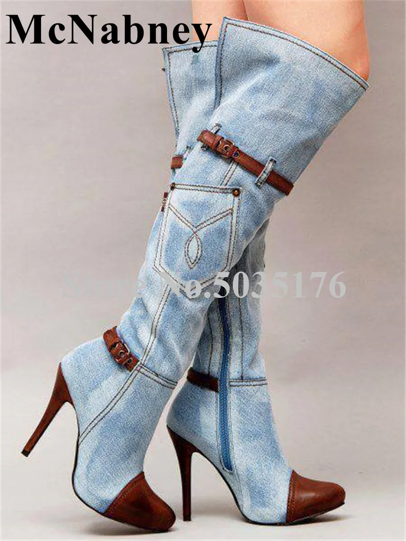 European Women Denim Pointed Toe Stiletto Heels Knee-High Western Boots Zip Buckle Strap Long Boots Spring/Autumn Women Shoes
European Women Denim Pointed Toe Stiletto Heels Knee-High Western Boots Zip Buckle Strap Long Boots Spring/Autumn Women Shoes