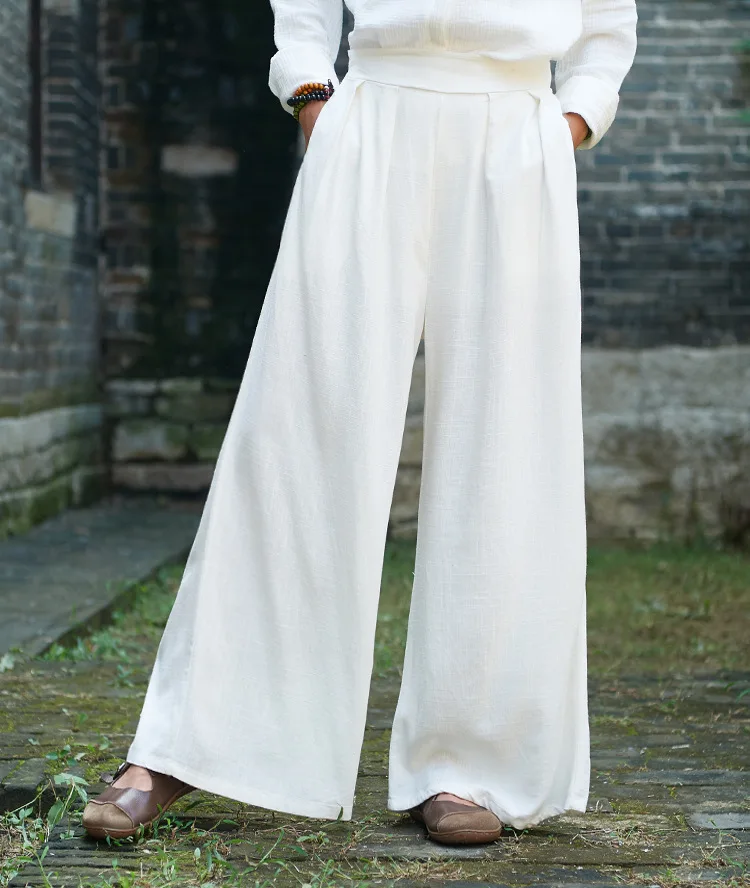 LZJN 2019 Spring Summer Culottes Pants Vintage Cotton Linen Pants Loose Full Length Trousers Women Wide Leg Pants White 3 Colors (28)