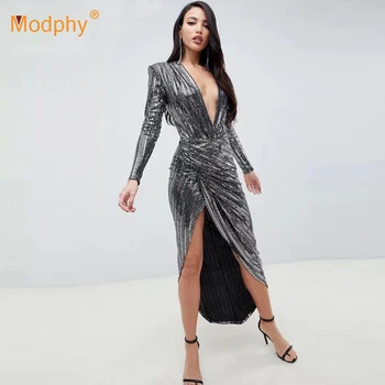 Modphy sexy nightclub sexy party dress women's fashion black deep V-neck twist front slit long sleeve sequin long Vestidos
Modphy sexy nightclub sexy party dress women's fashion black deep V-neck twist front slit long sleeve sequin long Vestidos