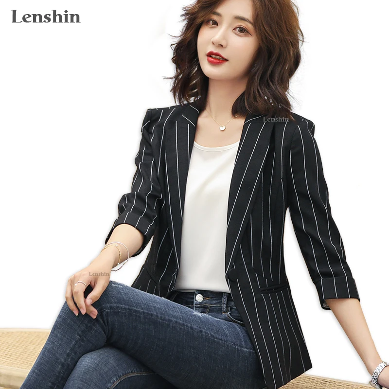 Lenshin Striped Jacket for Women Summer Wear Female Casual Style Breathable Coat Half Sleeve Blazer Single Button Tops Outwear
Lenshin Striped Jacket for Women Summer Wear Female Casual Style Breathable Coat Half Sleeve Blazer Single Button Tops Outwear