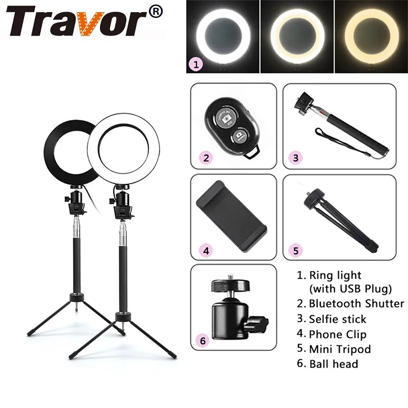 Travor USB Selfie Ring Light 8" With Tripod Phone Holder Bluetooth Dimmable Ring Lamp For Youtube Video Live Photo ringlight LED
Travor USB Selfie Ring Light 8" With Tripod Phone Holder Bluetooth Dimmable Ring Lamp For Youtube Video Live Photo ringlight LED