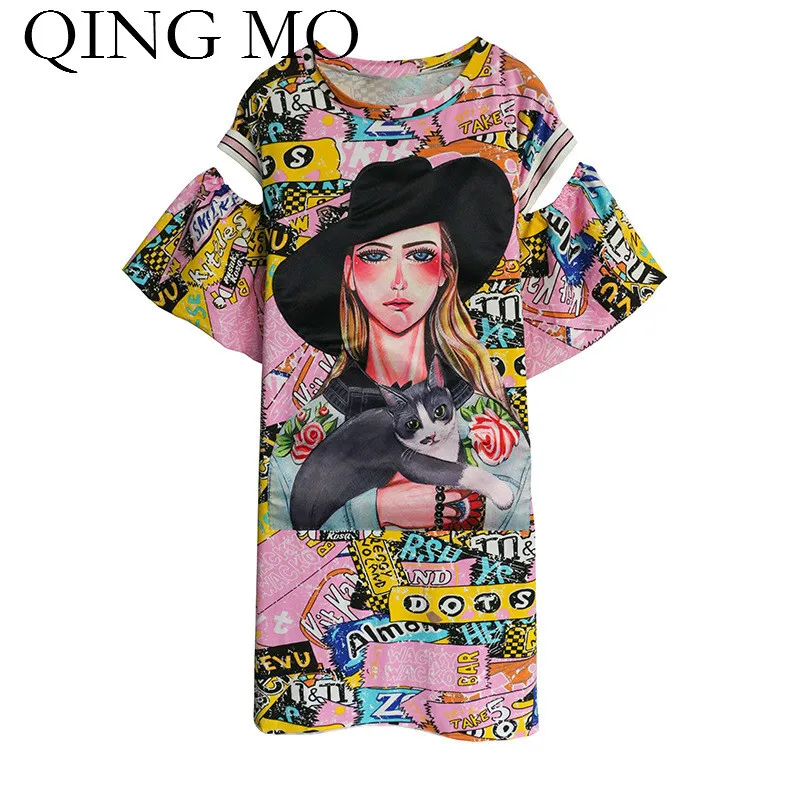 QING MO 2018 Summer Dress Flare Sleeve Robe Femme Hollow Out Pink Shirt Character Pattern Print for Women ADQ240 | Женская одежда