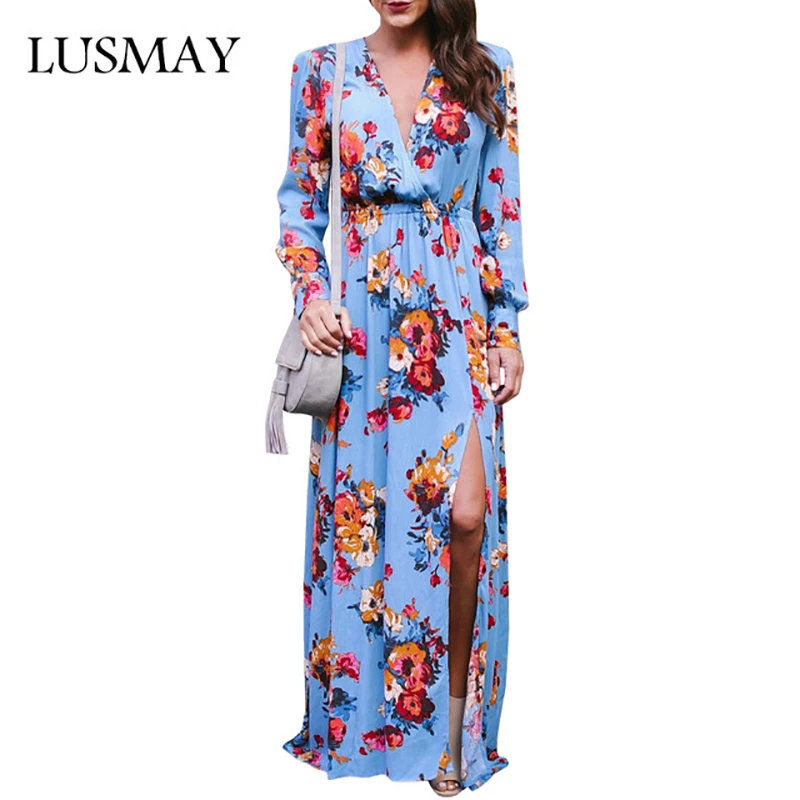 Floral Print Maxi Dress Autumn 2018 Fashion Deep V Neck Long Dress Boho Style Elastic Waist Open Slit Long Sleeve Dresses Women
Floral Print Maxi Dress Autumn 2018 Fashion Deep V Neck Long Dress Boho Style Elastic Waist Open Slit Long Sleeve Dresses Women