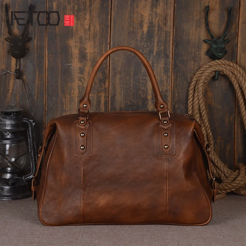 

AETOO Fashion new imports of the first layer of vegetable tanned leather travel bag hand Sassafras men and women portable travel