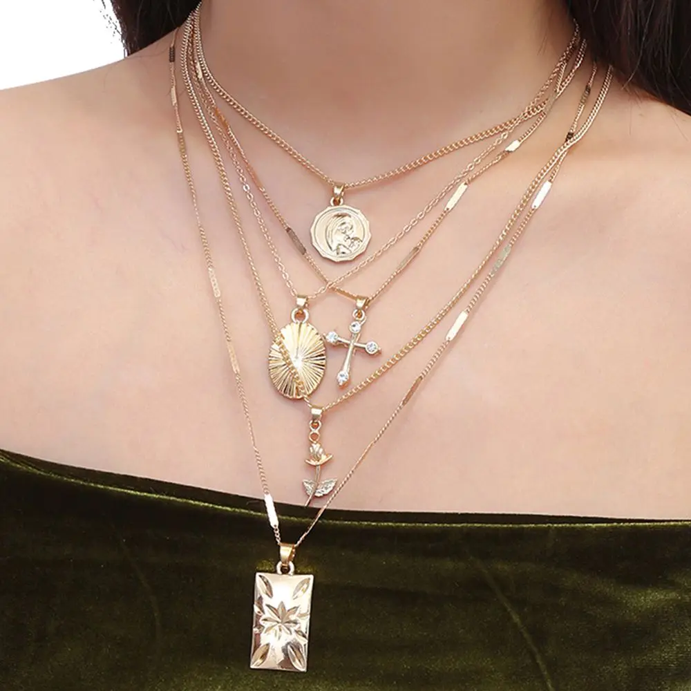 1 pc Layered Rose Cross Pendant Choker Necklace Set Boho Golden Carve Portrait Coin Long Chain Necklace Women Christian Gift
1 pc Layered Rose Cross Pendant Choker Necklace Set Boho Golden Carve Portrait Coin Long Chain Necklace Women Christian Gift