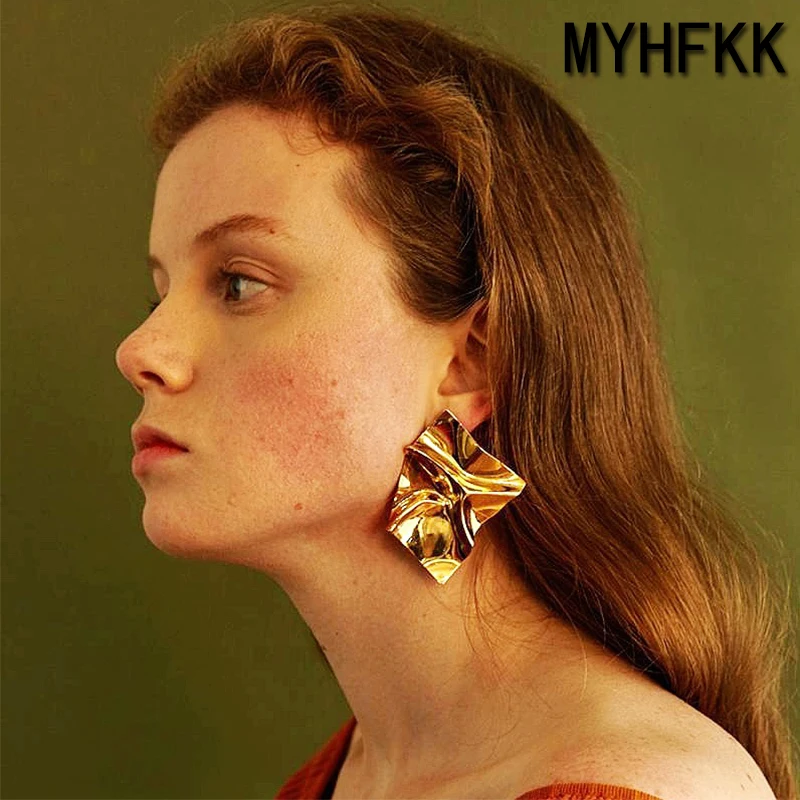 MYHFKK модный простой золотой неровный квадратный Блестящий металлический серьги с