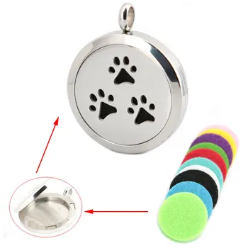 

10pcs 30mm DOG Paw Aromatherapy Essential Oil surgical Stainless Steel Perfume Diffuser Locket Necklace With chain pads
