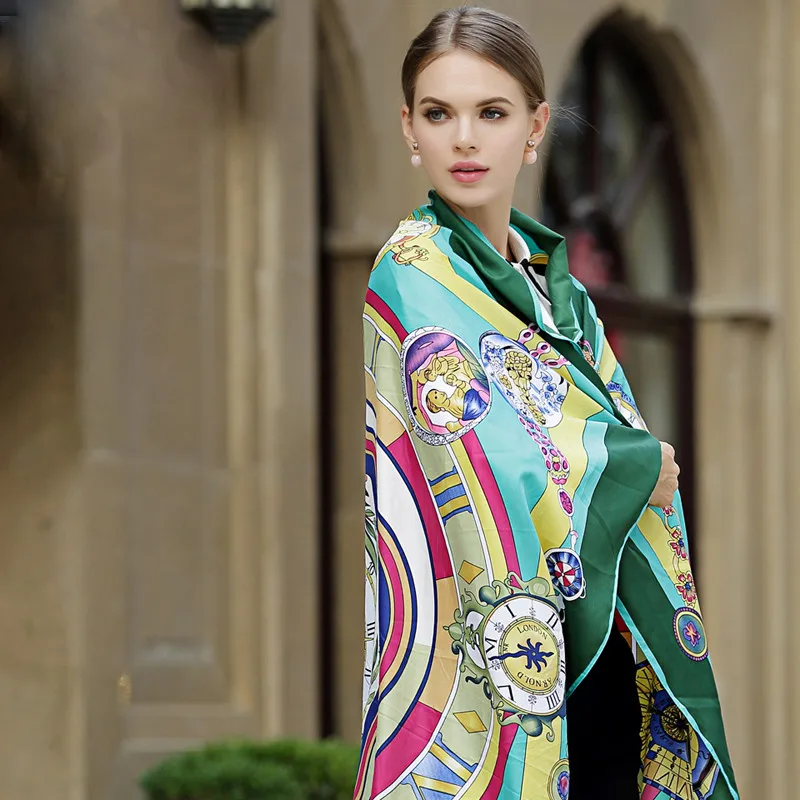 130*130cm Vintage Roman Clock 100% Twill Silk Satin Scarf Lencos De Pescoco Beach Towels Womans Green Blue Yellow | Аксессуары для
