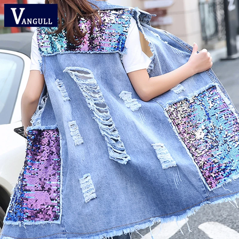 Vangull 2019 Spring Summer New Women Sequined Denim Vest Korean Frayed Hole Long Splice Coat Sleeveless Lady Fashion Jean Vest
Vangull 2019 Spring Summer New Women Sequined Denim Vest Korean Frayed Hole Long Splice Coat Sleeveless Lady Fashion Jean Vest
