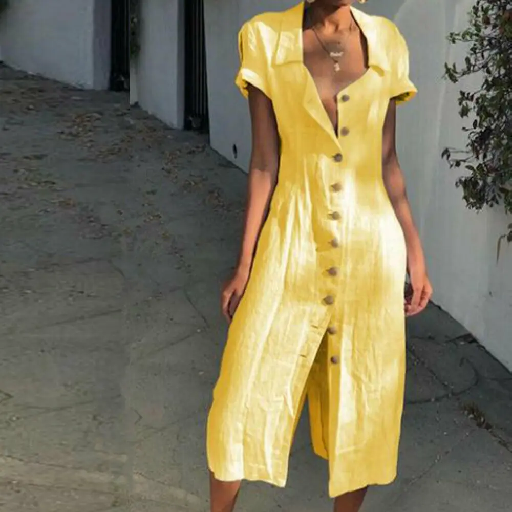

2019 The Newest Fashion Clothing Suit Many Occasion Women's Boho Lapel Plain Summer Party Evening Beach Short Dress Sundress
