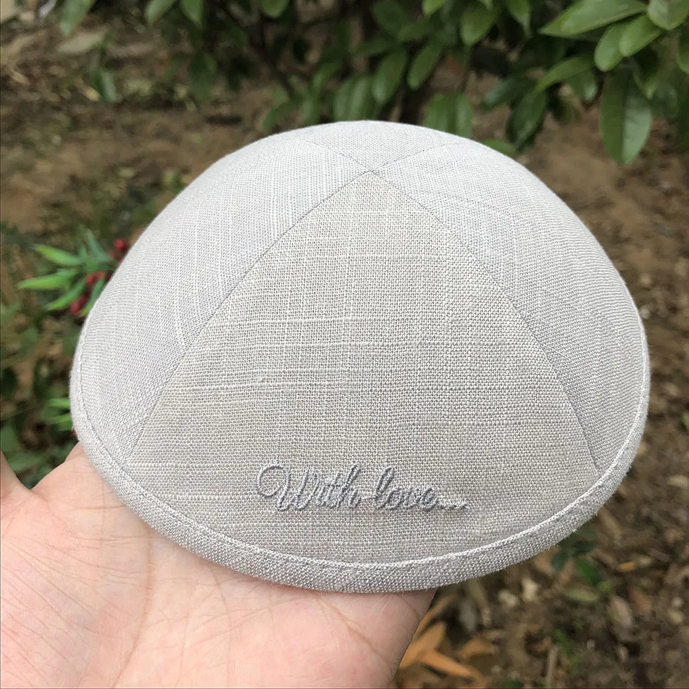 BEIGE GREY LINEN KIPPAH FOR WEDDING WITH WHITE EMBROIDERY LOGO OF LD, SILVER PRINTED INSIDE LABEL
BEIGE GREY LINEN KIPPAH FOR WEDDING WITH WHITE EMBROIDERY LOGO OF LD, SILVER PRINTED INSIDE LABEL