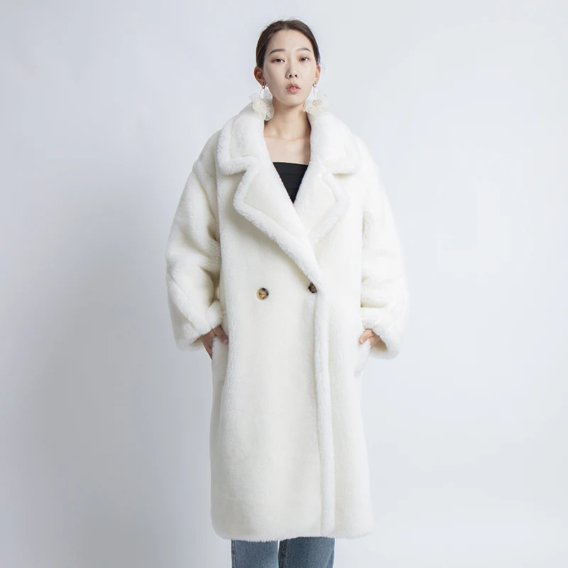Женское пальто из натурального овечьего меха длинное оверсайз теплая верхняя