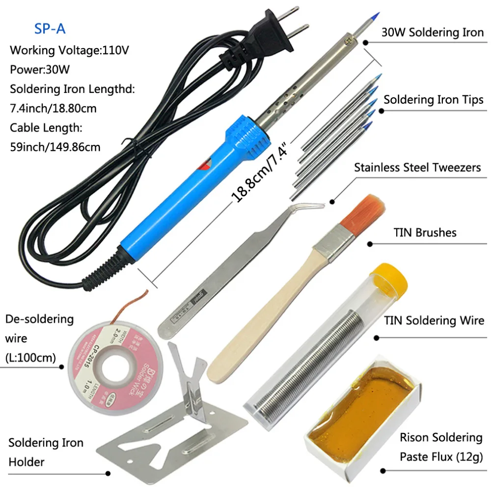 Aidetek 30W 110V/220V Electric 8-in-1 Soldering Iron kit ,w/ 5 Iron Tips holder Tin Wire, Soldering Iron Holder, Tweezers,SPA
Aidetek 30W 110V/220V Electric 8-in-1 Soldering Iron kit ,w/ 5 Iron Tips holder Tin Wire, Soldering Iron Holder, Tweezers,SPA