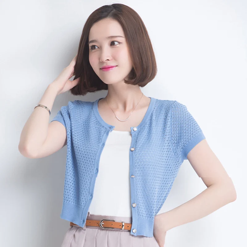 2019 Spring and Summer New Short-Sleeved Women's Ice Silk Sweater Fashion Solid Color O-Neck Air Conditioning Shirt Knit |