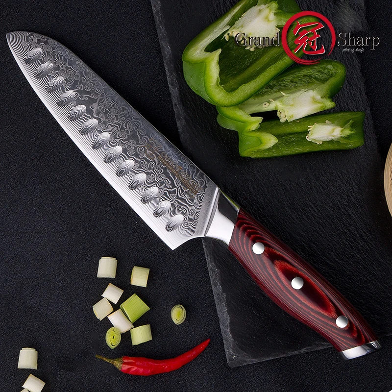 Японский нож шеф повара Santoku для суши и сашими из дамасской стали 67 слоев кухонный
