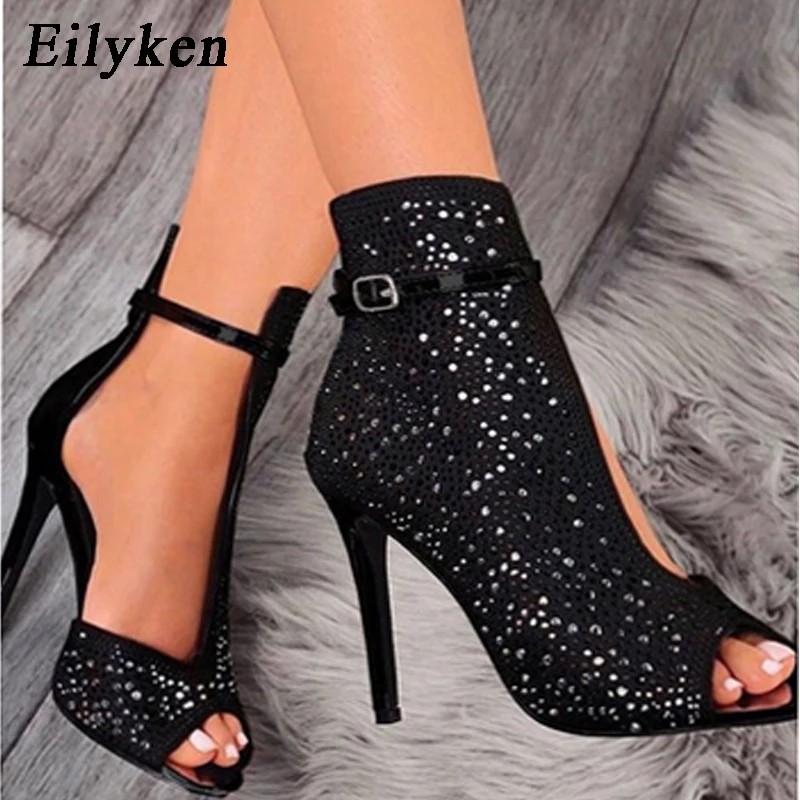 

Eilyken 2019 New Women Crystal Sandals Ankle Straps Buckle Transparent Cover Heel Pumps Ladies Sandals Party Shoes size 35-43