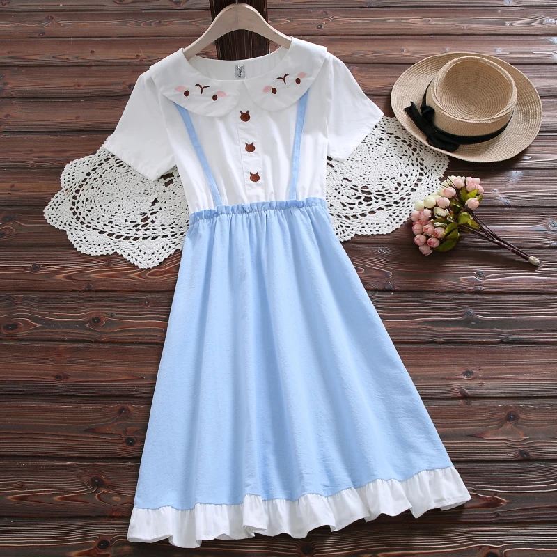 Japan Mori Girl Summer Dress 2019 Women Short Sleeve Cat Embroidery False Two Piece Cotton Dresses Blue,Pink Kawaii Vestidos
Japan Mori Girl Summer Dress 2019 Women Short Sleeve Cat Embroidery False Two Piece Cotton Dresses Blue,Pink Kawaii Vestidos