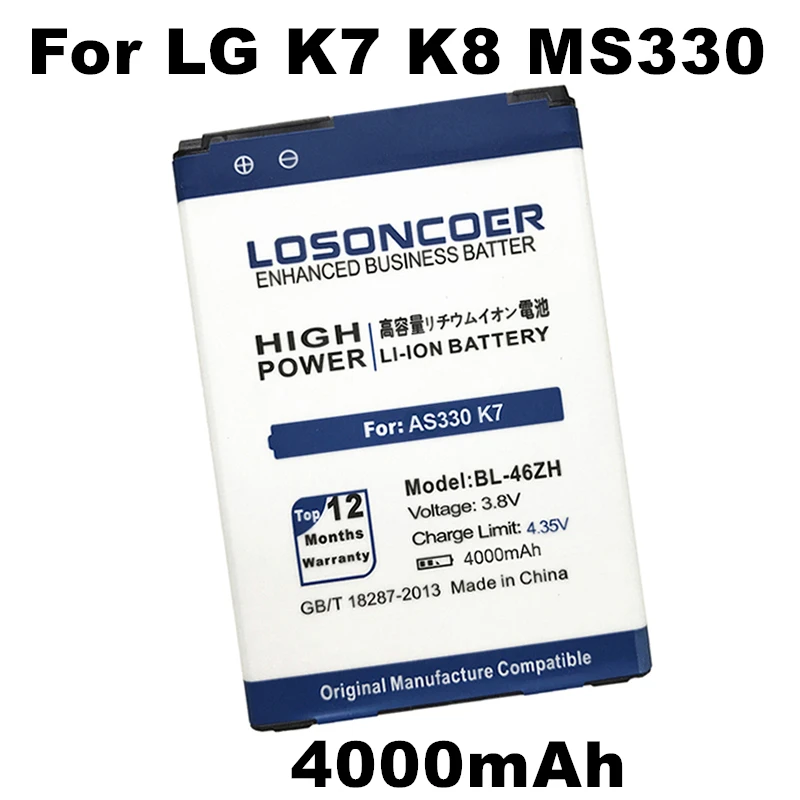 LOSONCOER 4000mAh BL-46ZH For LG AS330 K332 K350N K371 K373 K7 K8 K89 LS675 LS675 M1 M1V MS330 US375 X210 for LG BL-46ZH Battery
LOSONCOER 4000mAh BL-46ZH For LG AS330 K332 K350N K371 K373 K7 K8 K89 LS675 LS675 M1 M1V MS330 US375 X210 for LG BL-46ZH Battery