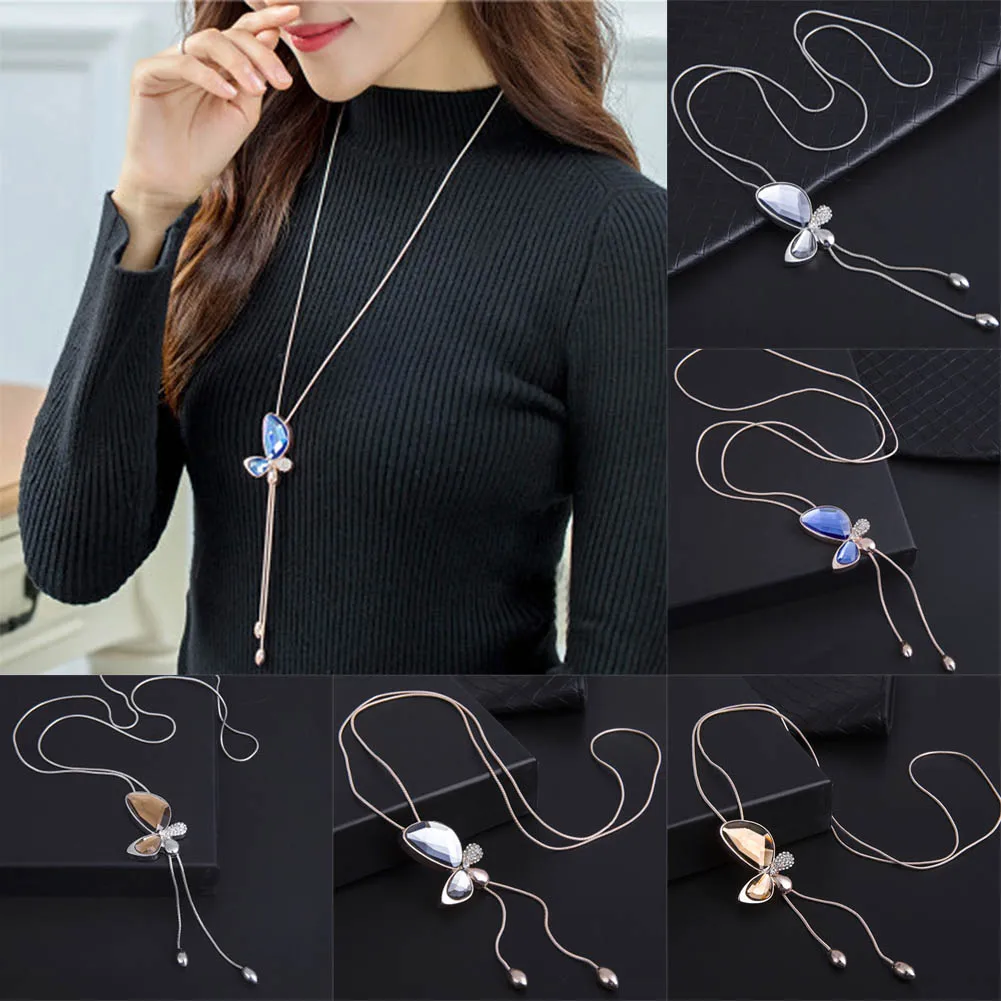 Butterfly Pendant Necklaces Sweater Chain Blue Gem Rhinestone Crystal Necklace Long Tassel Necklace Adjustable Gifts 2017 
Butterfly Pendant Necklaces Sweater Chain Blue Gem Rhinestone Crystal Necklace Long Tassel Necklace Adjustable Gifts 2017