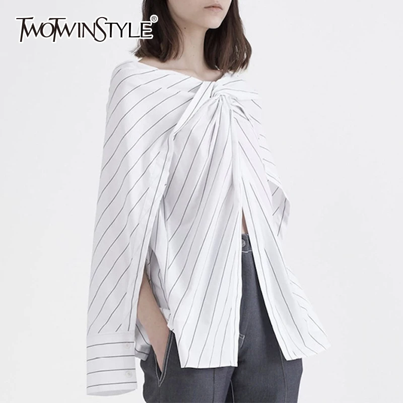 TWOTWINSTYLE Striped Shirt Womens Slash Neck Patchwork Ruched Irregular Blouse Female Spring Summer Fashion Big Size Clothing
TWOTWINSTYLE Striped Shirt Womens Slash Neck Patchwork Ruched Irregular Blouse Female Spring Summer Fashion Big Size Clothing