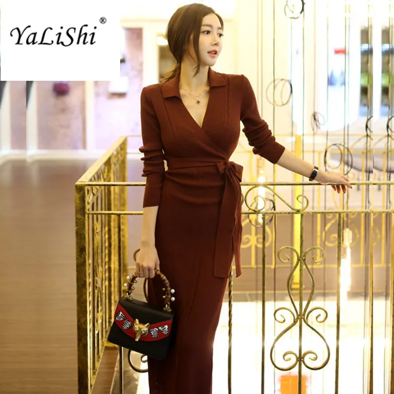 2019 Winter Women Dress High-end Elegant Vestidos Bodycon V-neck Long-sleeved Knitted Dresses Slim Sashes Maxi Sweater Dresses
2019 Winter Women Dress High-end Elegant Vestidos Bodycon V-neck Long-sleeved Knitted Dresses Slim Sashes Maxi Sweater Dresses