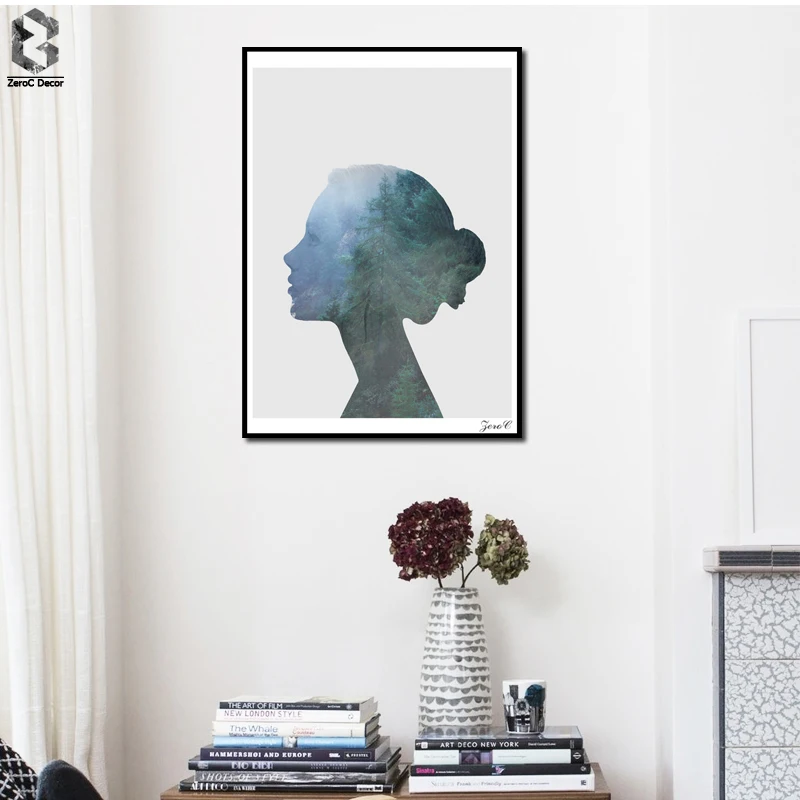 

Nordic Silhouette of Forest and Girl Portrait Posters and Prints Wall Art Canvas Painting Pictures For Living Room Home Decor