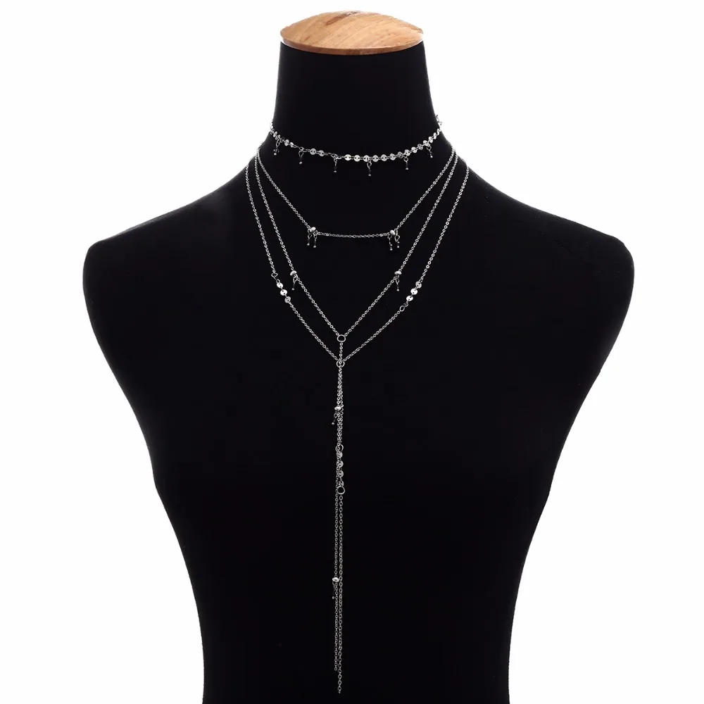 Multilayer Sequin Chain Small Crystal Choker Necklace*