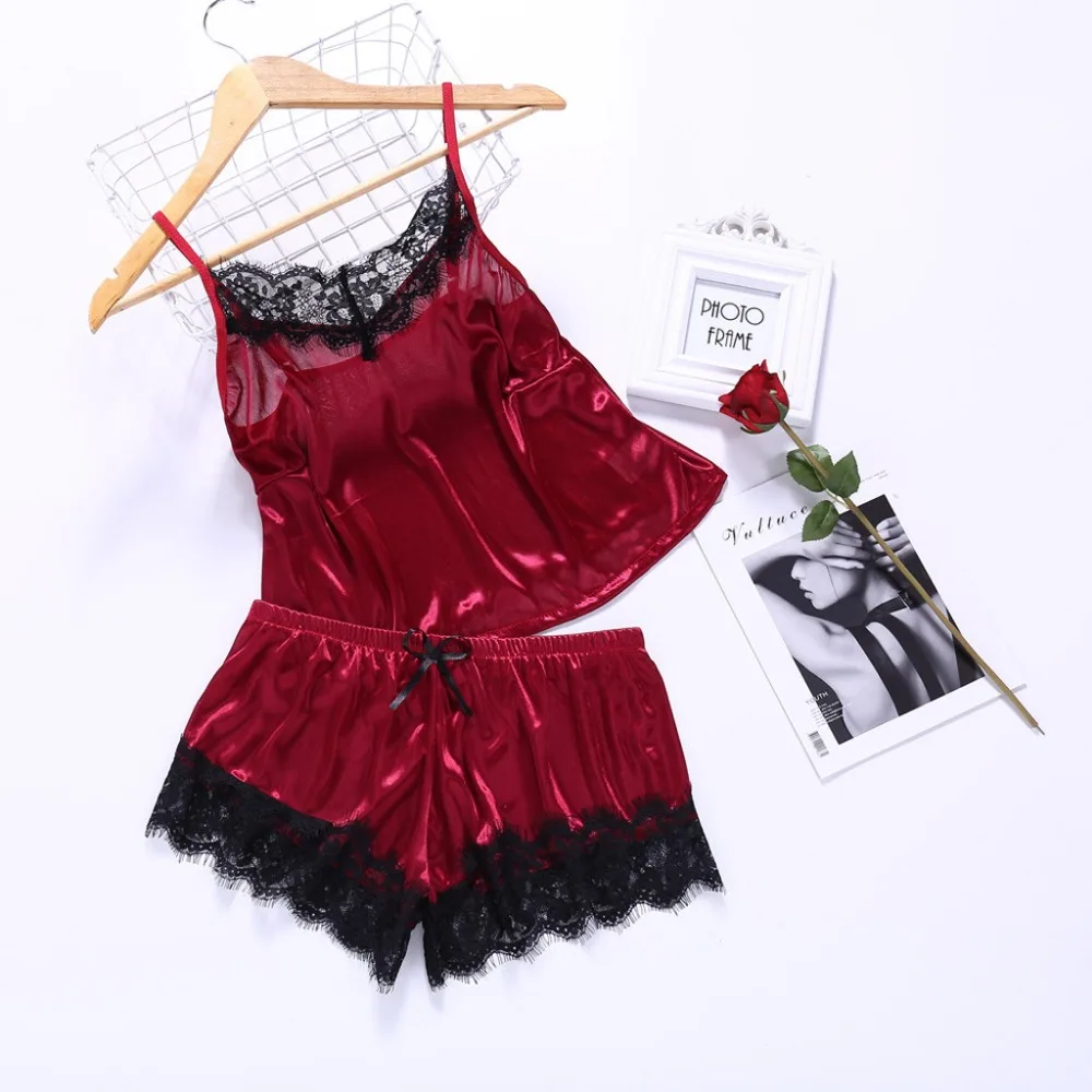 Women Sleepwear Sexy Satin Pajama Set Black Lace V-Neck Pyjamas Sleeveless Cute Cami Top + Shorts woman pajamas Summer Nightwear
Women Sleepwear Sexy Satin Pajama Set Black Lace V-Neck Pyjamas Sleeveless Cute Cami Top + Shorts woman pajamas Summer Nightwear
