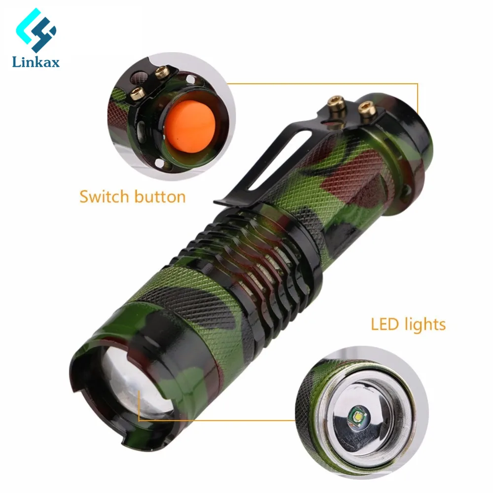 Zoomable XPE LED Mini Flashlight Camouflage Tactical Mini Torch 2000lm 3-Modes Focus Light Lamp Linternas for Camping AA/14500
Zoomable XPE LED Mini Flashlight Camouflage Tactical Mini Torch 2000lm 3-Modes Focus Light Lamp Linternas for Camping AA/14500