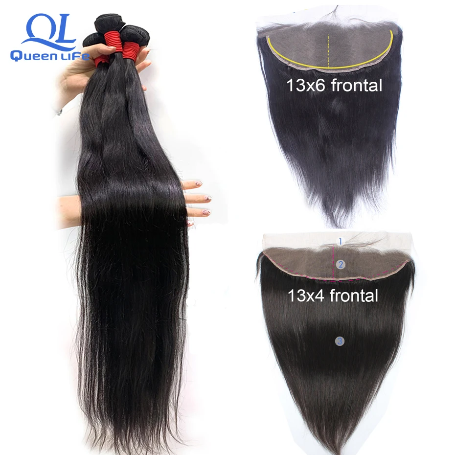 

Queenlife 3 Bundle deals Straight hair Bundles With Frontal 30 32 34 36 38inch Remy Brazilian human Hair Weave 13x4 13x6 Frontal