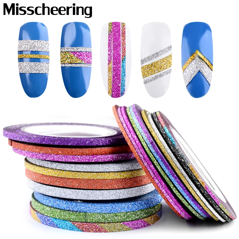 

10 Rolls Glitter Nail Art Striping Tape Line Sticker Tips Decorations 1MM/2MM/3MM DIY Self-Adhesive 3d Decals Manicure Tools