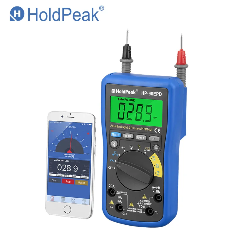 Mobile APP HoldPeak HP-90EPD Auto range multimeter true rms AC DC Voltage Current Resistance Frequency Back light
Mobile APP HoldPeak HP-90EPD Auto range multimeter true rms AC DC Voltage Current Resistance Frequency Back light