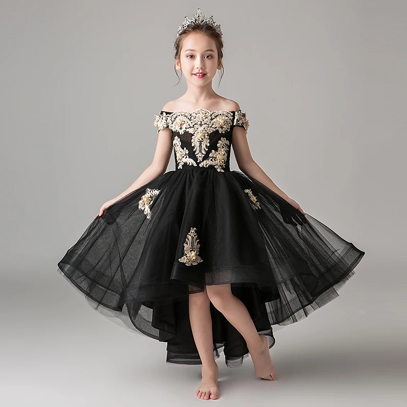 Роскошные черные платья с цветочной вышивкой для девочек детское торжественное