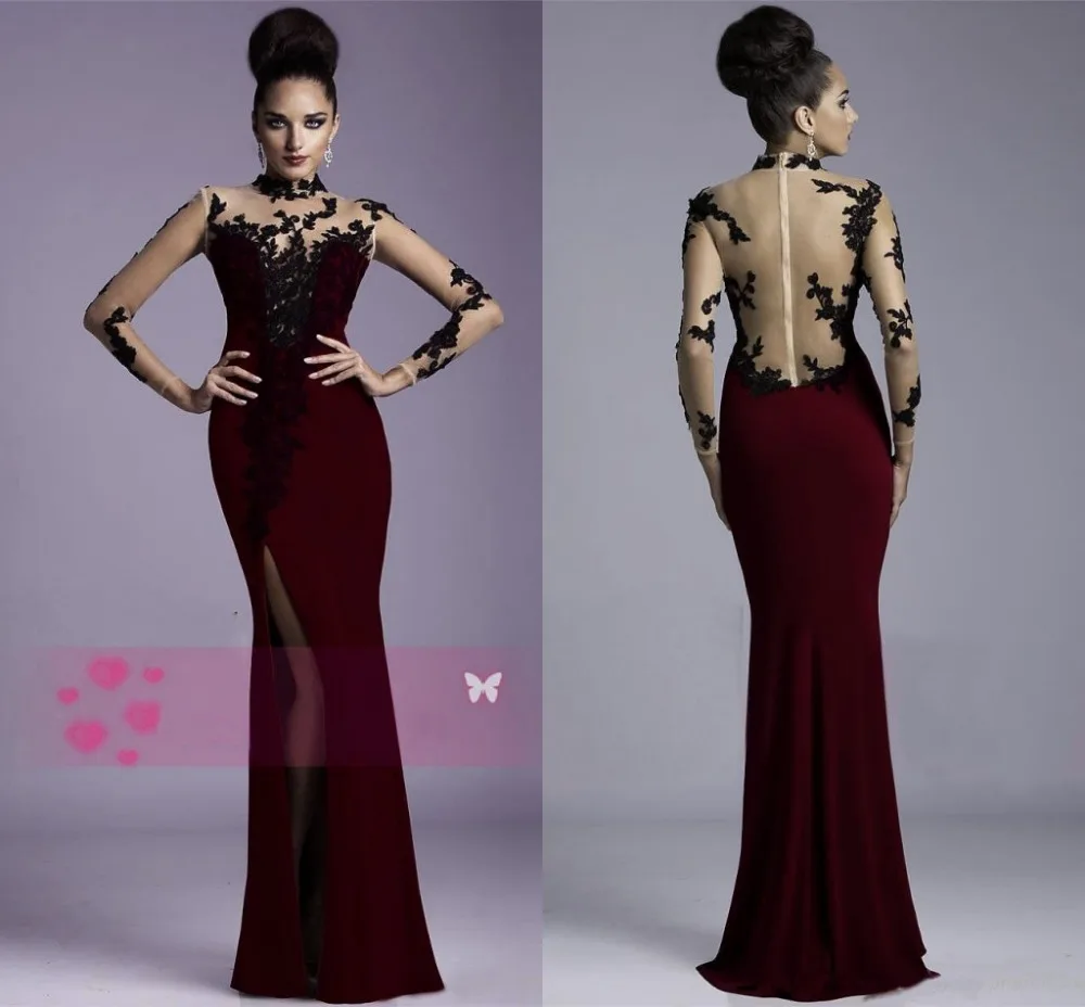 2014 Janique Burgundy Evening Gowns Sheer Lace High neck Long Sleeves Applique Side Slit Floor Length Sexy Prom Dresses CH-865
2014 Janique Burgundy Evening Gowns Sheer Lace High neck Long Sleeves Applique Side Slit Floor Length Sexy Prom Dresses CH-865