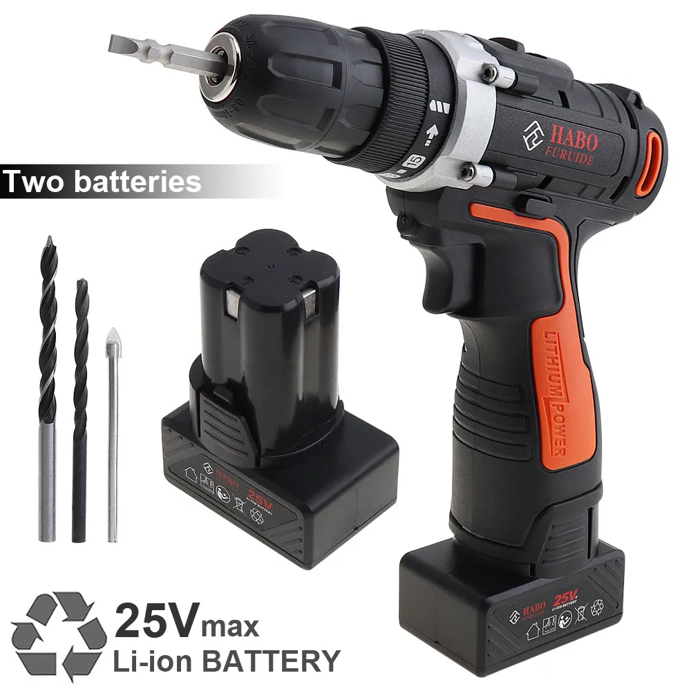 Cordless 25V Electric Drill / Screwdriver with 2 Li-ion Batteries and Two-speed Adjustment Button for Handling Screws / Punching
Cordless 25V Electric Drill / Screwdriver with 2 Li-ion Batteries and Two-speed Adjustment Button for Handling Screws / Punching