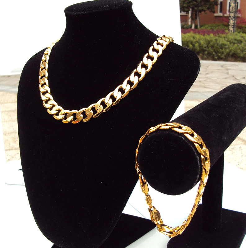 

24k Stamped Gold GF Finish Iced Hip Hop Chain Bracelet Mens Miami Cuban Necklace 12mm wide Set 7 days no reason to refund.