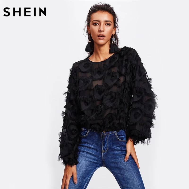 SHEIN Fringe Patch Mesh Top Sexy Autumn Womens Tops and Blouses Black Long Sleeve Round Neck Elegant Womens Tops
SHEIN Fringe Patch Mesh Top Sexy Autumn Womens Tops and Blouses Black Long Sleeve Round Neck Elegant Womens Tops