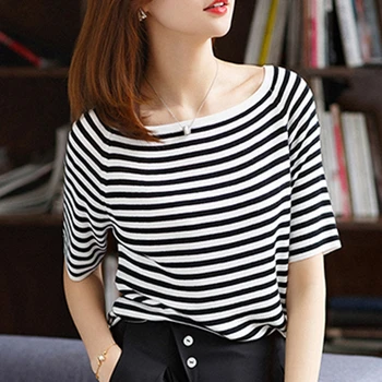 2019 New T-shirt Women's Short Sleeve Summer Loose One-character Collar Black-and-white Striped Ice Silk Half-sleeve Korean Knit
2019 New T-shirt Women's Short Sleeve Summer Loose One-character Collar Black-and-white Striped Ice Silk Half-sleeve Korean Knit