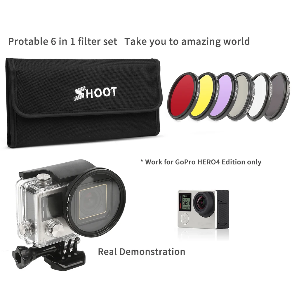 

52mm uv+cpl+nd4+purple+yellow+red Lens Filter Protector+adapter ring for GoPro Hero 4 3+ Go Pro Hero4/ 3+ camera