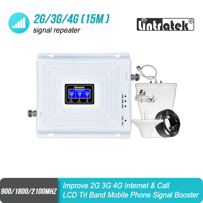 Lintratek 2G GSM 900 3G 2100 LTE 1800 Cellular Signal Booster Tri Band Repeater LCD Display Mobile Phone 4G Amplifier Set S55 
Lintratek 2G GSM 900 3G 2100 LTE 1800 Cellular Signal Booster Tri Band Repeater LCD Display Mobile Phone 4G Amplifier Set S55