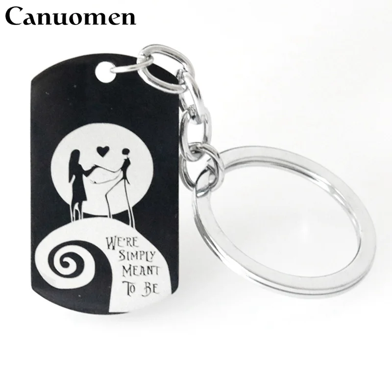 

Canuomen Halloween Keychain Black Stainless Steel Nightmare Before Christmas We are Simply Meant to Be Engraved Jewelry Gifts