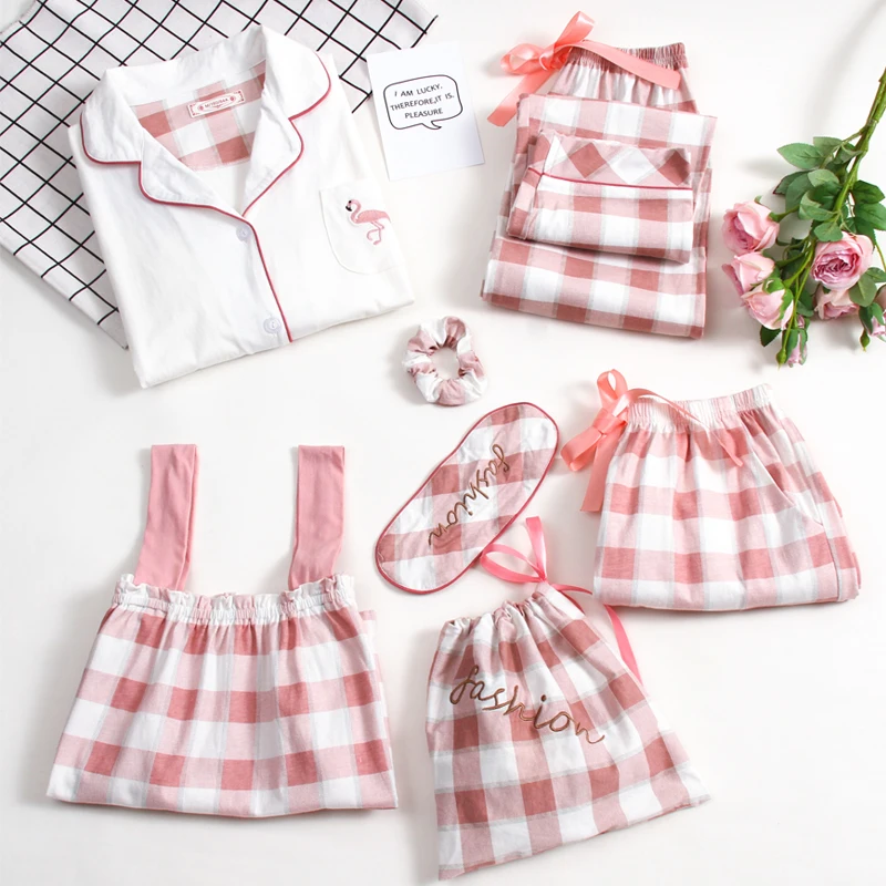 7pcs/set Women 100% Cotton Pajamas Set 7 pieces Plaid Long Sleeves Button Sleepwear For Ladies Spring Autumn Cotton Pyjamas
7pcs/set Women 100% Cotton Pajamas Set 7 pieces Plaid Long Sleeves Button Sleepwear For Ladies Spring Autumn Cotton Pyjamas