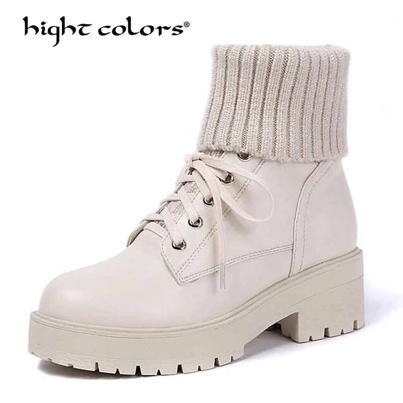 Beige Fashion Woman High Heel Platform Genuine Leather+knitting Boots Lace up Cow Muscle Shoes Martin Boots Girls 34-40 T1021
Beige Fashion Woman High Heel Platform Genuine Leather+knitting Boots Lace up Cow Muscle Shoes Martin Boots Girls 34-40 T1021