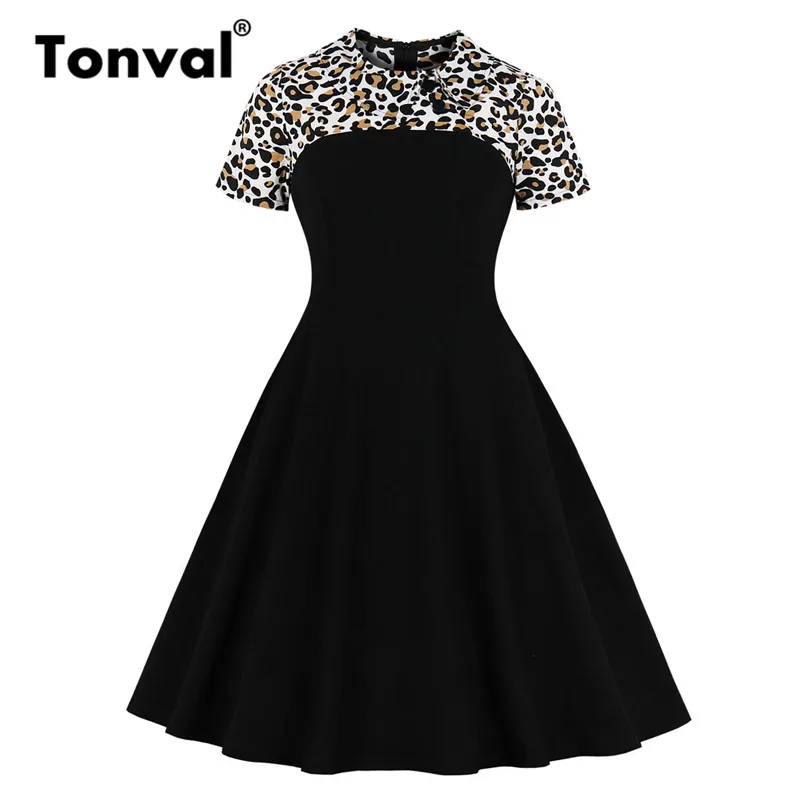 Tonval Vintage Leopard Contrast Black Casual Summer Dress Women Peter Pan Collar Pocket Side Office Skater A Line Dresses
Tonval Vintage Leopard Contrast Black Casual Summer Dress Women Peter Pan Collar Pocket Side Office Skater A Line Dresses