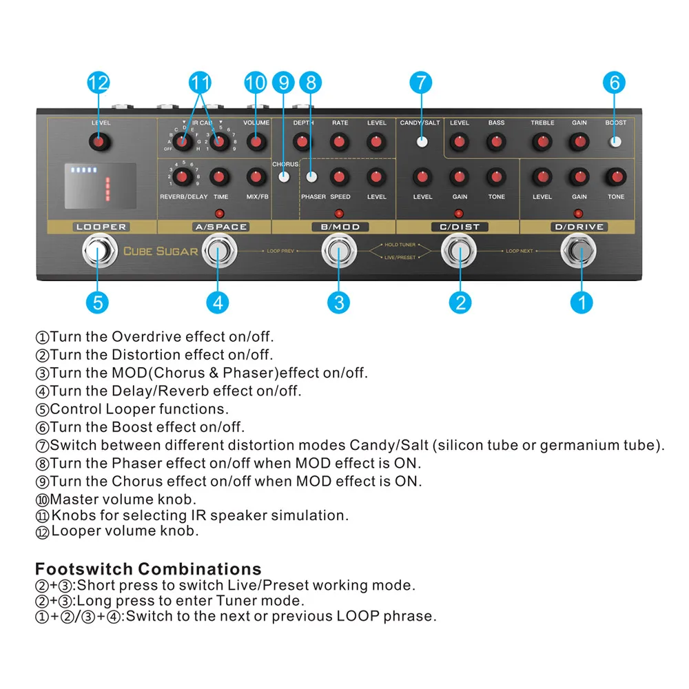 Delay Reverb Effects Guitar Effects Pedal with 72 IR Cabinets Simulation 9 Loops Tuner Boost Overdive Distortion Chorus Phaser
Delay Reverb Effects Guitar Effects Pedal with 72 IR Cabinets Simulation 9 Loops Tuner Boost Overdive Distortion Chorus Phaser