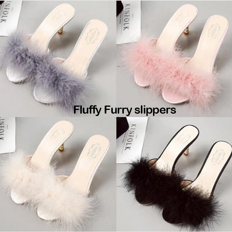 

VOTODA Women's Fluffy Hairy Middle Heels Slippers Female Fashion Outdoor Faux Fur Slides Party Nightclub Non-slip Plush Slides